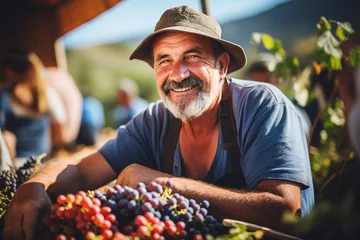 Fotobehang smiling woman man with Valley vineyards hold immense cultural and economic importance as they represent rich traditions, skilled craftsmanship, and sheer delight of producing wine © Kapin