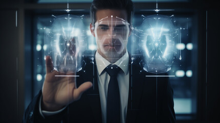 businessman touching screen using fingerprint and facial verification technology - obrazy, fototapety, plakaty