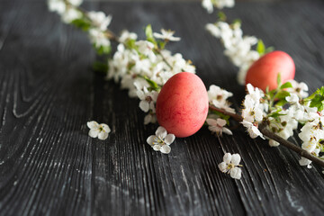 Spring cherry blossoms and Easter eggs on old wooden background. Easter concepts