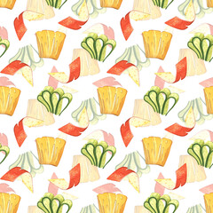 Garnishes for cocktails. Types of edible decorations for glasses with a drink. Seamless pattern of fresh cucumber, orange zest, pineapple slice. Watercolor illustration. Background design, bar menu