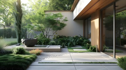 realistic photo of a modern house yard with a minimalist concept