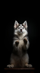 Studio portrait of siberian husky puppy sitting on black background