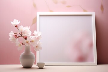 a frame with flowers in a vase, beautiful, simple, with a pink background