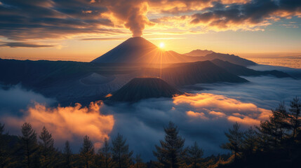 View of Mount Bromo in the early morning, a sea of thick fog surrounding the mountain, the rising sun emitting golden light behind the volcano, Ai Generated Images