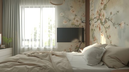 Fototapeta na wymiar realistic photo of a modern bed room with a minimalist concept, with abstract floral wall decoration