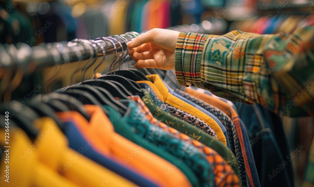 Canvas Prints hand picking a shirt from a row of clothes in a clothing store. selective focus