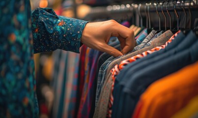 hand picking a shirt from a row of clothes in a clothing store. selective focus - obrazy, fototapety, plakaty