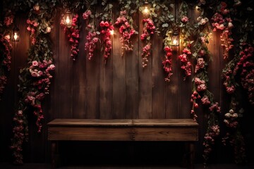 Fototapeta na wymiar wooden wall decorated with hanging flowers with lights,backdrop