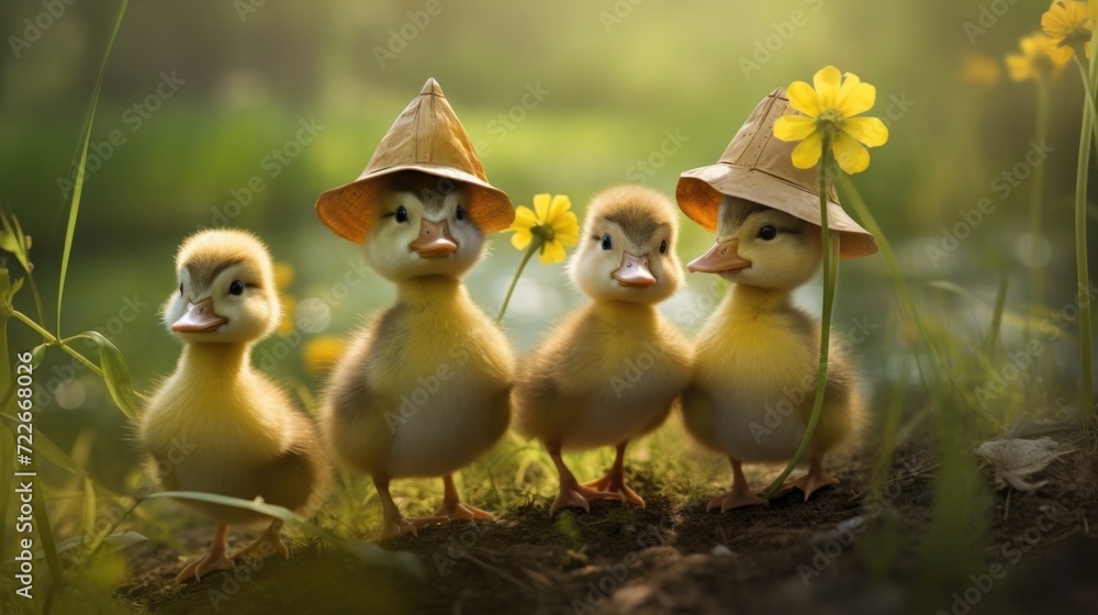 Poster a group of little ducks standing in the grass. generative ai.