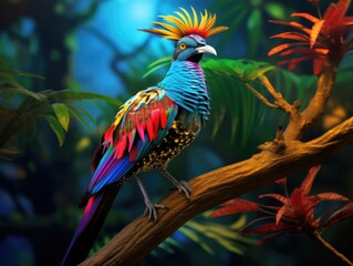 A brightly colored bird perched on a branch. Generative AI.