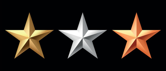 Golden, bronze, silver glossy metallic stars 3d realistic style. Leadership, game award, customer feedback symbol vector illustration isolated on black background