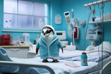 A stuffed penguin in a hospital room next to a bed. Generative AI. - obrazy, fototapety, plakaty