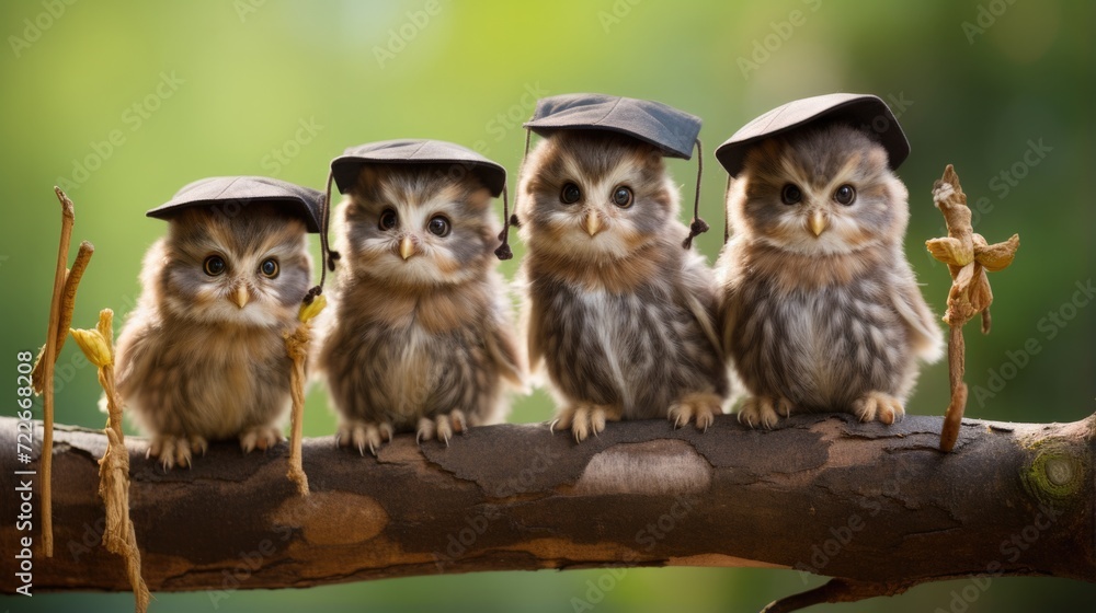 Poster a group of owls sitting on top of a tree branch. generative ai.