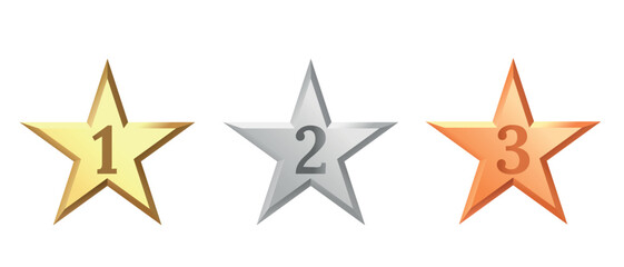 Golden, bronze, silver glossy metallic stars 3d realistic style. Leadership, game award, customer feedback symbol vector illustration isolated on white background