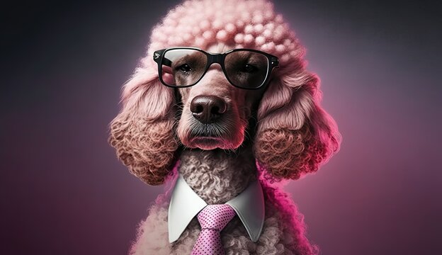 Dog, pink poodle, dressed in an elegant suit with a nice tie, wearing sunglasses. Fashion portrait of an anthropomorphic animal posing with a charismatic human attitude