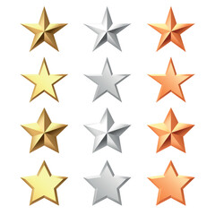 Fototapeta premium Golden, bronze, silver glossy metallic stars 3d realistic style. Leadership, game award, customer feedback symbol vector illustration isolated on white background