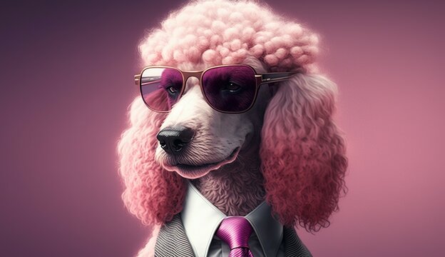 Dog, pink poodle, dressed in an elegant suit with a nice tie, wearing sunglasses. Fashion portrait of an anthropomorphic animal posing with a charismatic human attitude