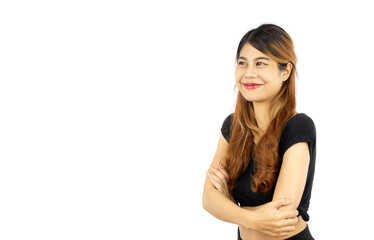 Fototapeta premium young asian woman long hair style in black t shirt posing hand presenting pointing isolated on white background.