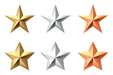 Golden, bronze, silver glossy metallic stars 3d realistic style. Leadership, game award, customer feedback symbol vector illustration isolated on white background