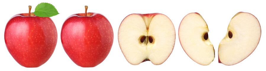 Red apple with leaves, half and slice isolated, fresh red apple, transparent PNG, PNG format, cut...