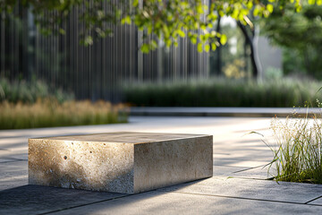 A contemporary outdoor stone bench basks in the dappled sunlight, surrounded by a tranquil modern landscape architecture. - obrazy, fototapety, plakaty
