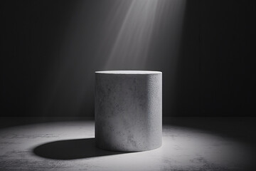 Dramatic lighting highlights a concrete cylinder podium in a dark room, creating a striking contrast and focused presentation.