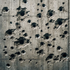 a weathered cement wall with multiple bullet holes
