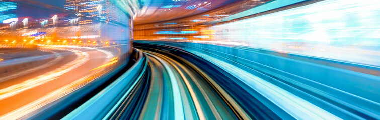 Abstract high speed technology POV motion blurred concept image from the Yuikamome monorail in...