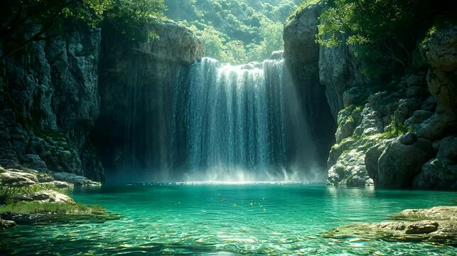 relaxing waterfall footage from the forest. generative AI