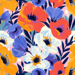 February birth flowers, birth month flowers. Seamless floral pattern of Violet and Primrose. Birthdays and anniversaries gift ideas. Design background for wall art, print on demand, greeting cards