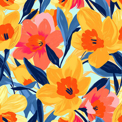 March birth flowers, birth month flowers. Seamless floral pattern of Daffodils and Jonquil. Birthdays and anniversaries gift ideas. Design background for wall art, print on demand, greeting cards
