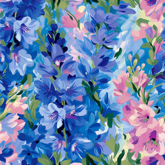 July birth flowers, birth month flowers. Seamless floral pattern of Larkspur. Birthdays and anniversaries gift ideas. Design background for wall art, print on demand, greeting cards