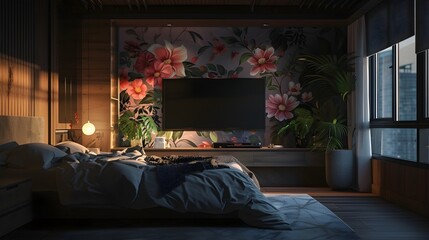 realistic photo of a modern bedroom with a minimalist concept, with abstract floral wall decoration