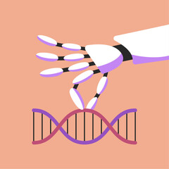 Experiment with DNA with Robot. Manipulation of Genes. Genetic Engineering. Flat vector illustration. 