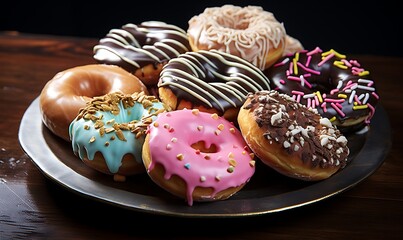 assorted donuts with chocolate, pink glazed and sprinkles donuts.