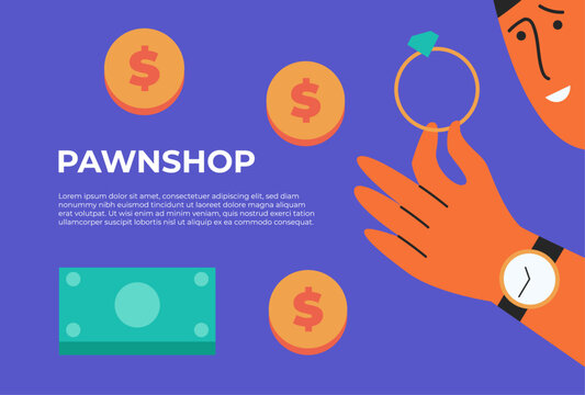 Pawnshop. Man holds a diamond ring in his hand to exchange it for money. Flat vector illustration.