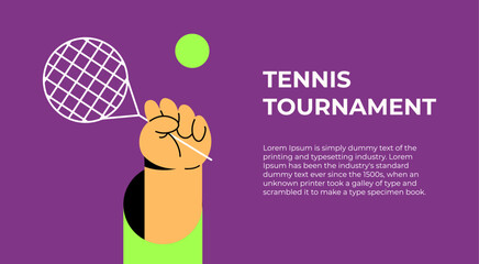 Tennis Tournament. Man plays tennis and goes in for sports. Flat vector illustration. - obrazy, fototapety, plakaty
