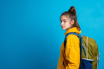 Garota de lado usando uma mochila de escola no fundo pastel