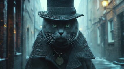 A suave British Shorthair, donning a detective's hat and magnifying glass, solving mysteries in a foggy Victorian-era London alleyway.  - obrazy, fototapety, plakaty