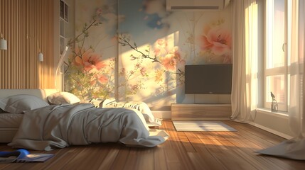 realistic photo of a modern bed room with a minimalist concept, with abstract floral wall decoration