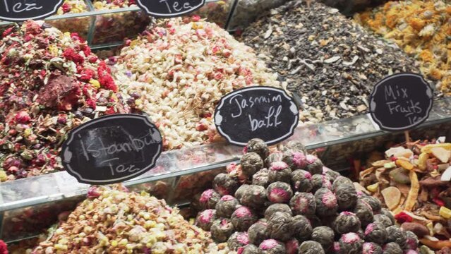 Colorful tea mixtures and dried flower buds, Turkey