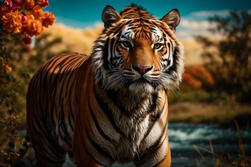 Fototapeta premium A majestic tiger stands tall against a vibrant background, celebrating International Tiger Day 2024