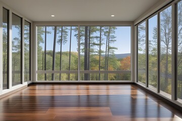 an empty living room with wood flooring and large windows looking out onto the trees that line the street outside. empty room with window