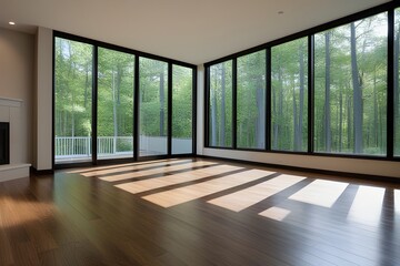 an empty living room with wood flooring and large windows looking out onto the trees that line the street outside