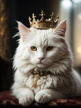 A white fluffy cat with a crown on his head lies, Digital Art