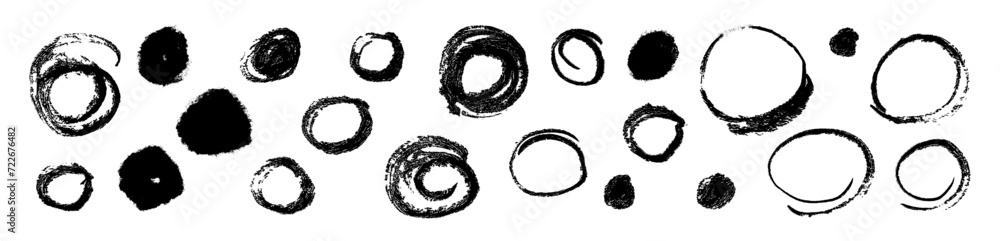 Poster grungy vector brush circle set. rough scribble collection. hand drawn grunge round sketch elements. 