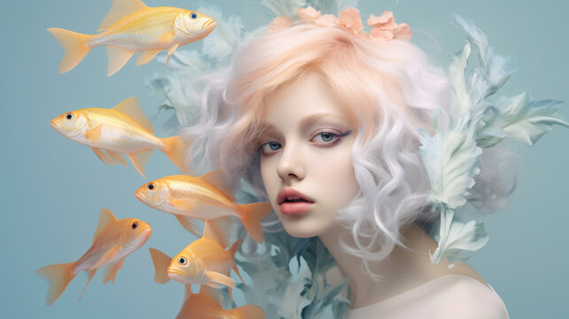 Artsy portrait of beautiful woman with surreal fish