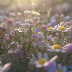 Field of pastel wildflowers with morning sunlight. 