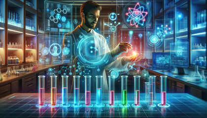 In a high-tech laboratory, a scientist interacts with a sophisticated holographic interface displaying molecular structures and scientific data.
