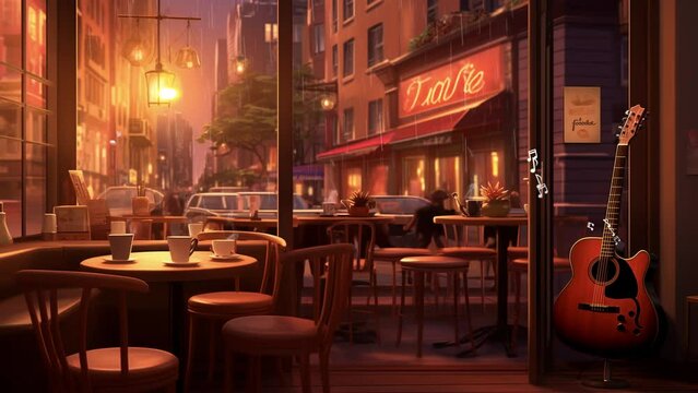 Jazzy Cafe Corner A cozy cafe setting with coffee cups. seamless looping overlay 4k virtual video animation background 